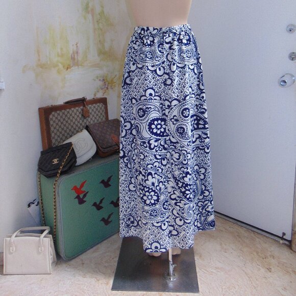 Vintage 70s Maxi Skirt Blue White Paisley Floral Prairie Cottagecore Sz M - Picture 1 of 7